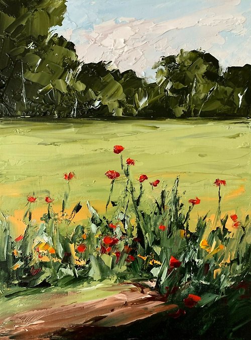 OsipovArtStudio Original Green Landscape Oil Painting On Canvas Poppies Art Textured Impasto Art