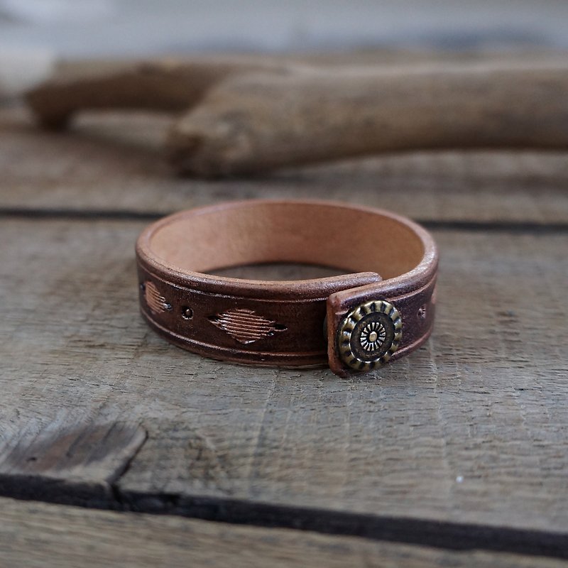 Handmade custom totem leather carving leather bracelet tribe - Bracelets - Genuine Leather Brown
