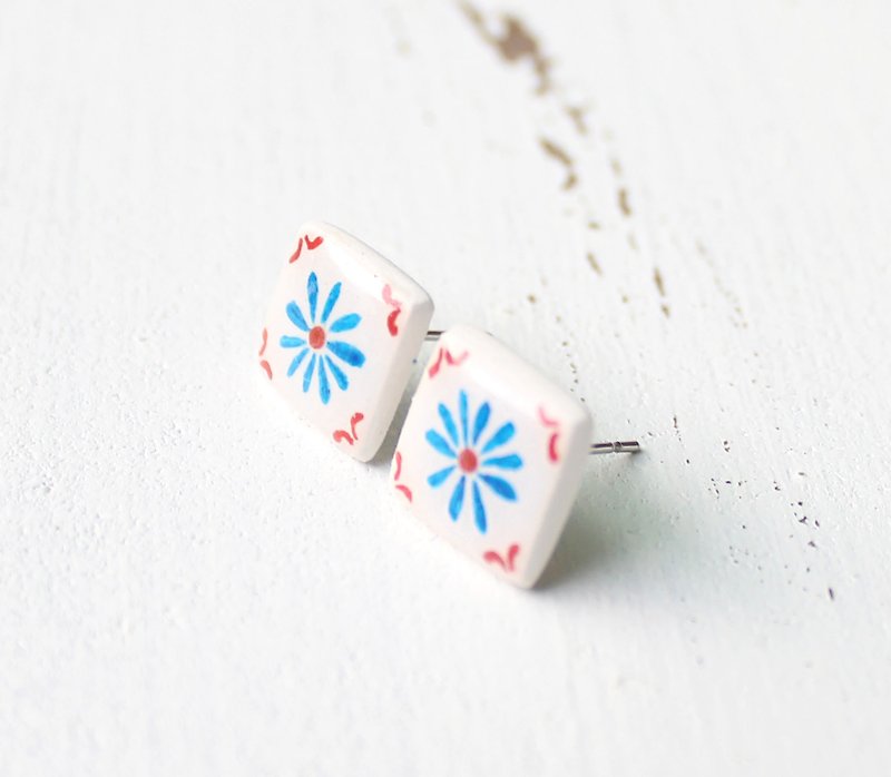 Small blue flower earrings / geometric / square / Christmas - Earrings & Clip-ons - Clay Blue