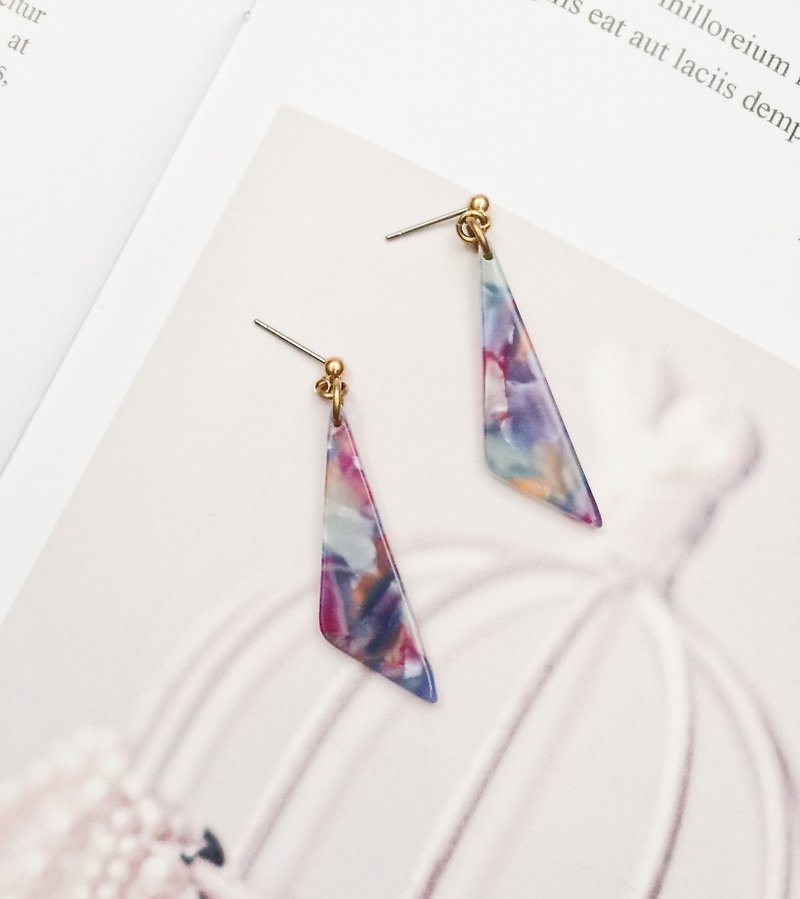 La Don - Stone slanted long triangle - Psychedelic mixed color ear / ear clip - ต่างหู - เรซิน หลากหลายสี
