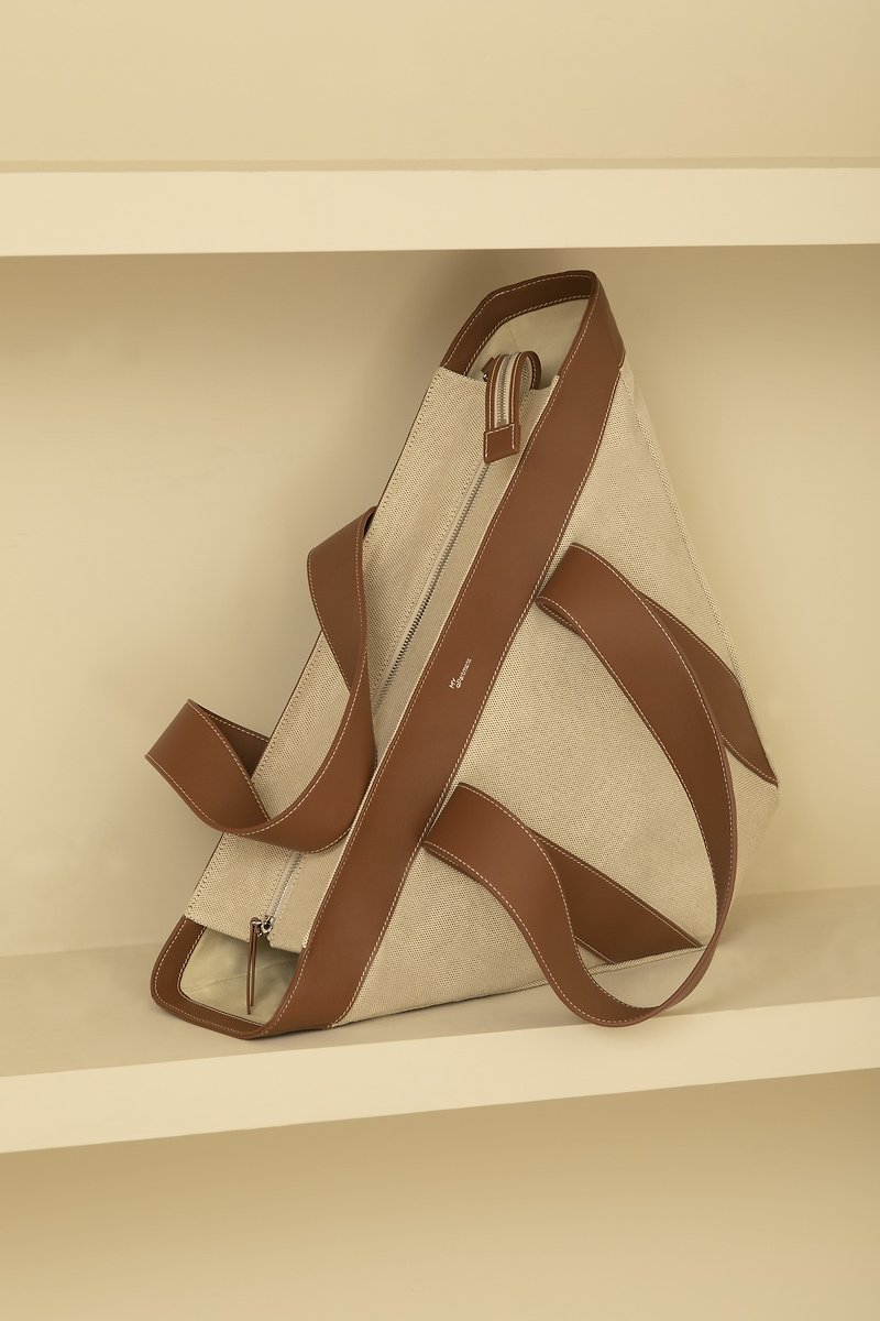 Brown Triangle Bag Calfskin & Canvas Crossbody Handbag - Messenger Bags & Sling Bags - Genuine Leather Brown