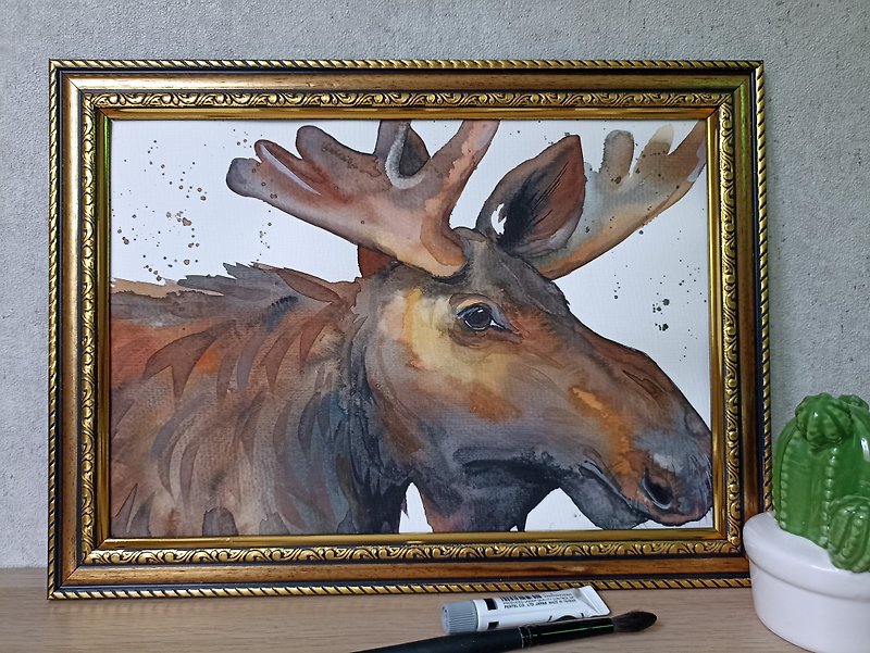 Watercolor original moose room decor animal painting art by Anne Gorywine