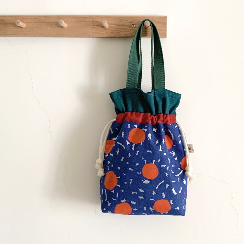 【River】Mid-Drawstring Tote Bag / Japanese Fabric / Hot Stamped Silver Dots / Blue - Handbags & Totes - Cotton & Hemp Blue