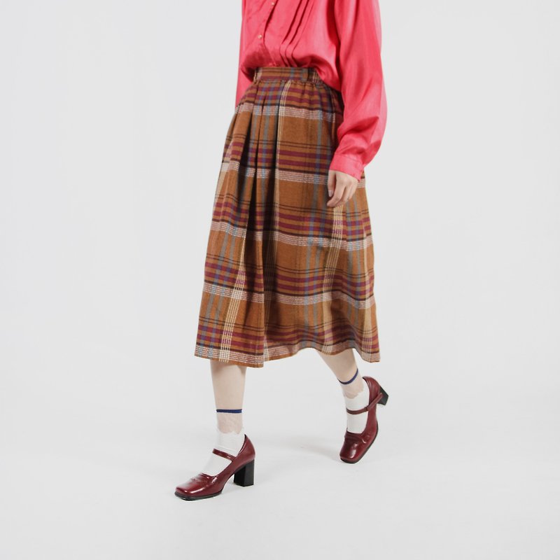 [Egg plant vintage] ginger berry check wool vintage dress - Skirts - Wool Brown
