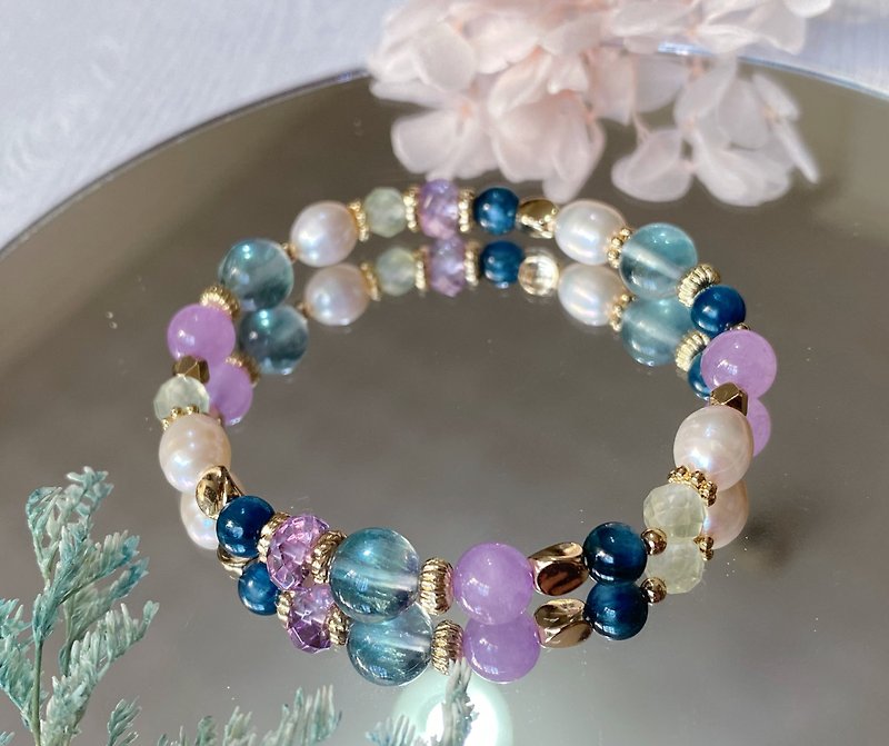 藍晶 紫水晶 葡萄石 螢石 珍珠 ||貴人 事業旺財 舒壓 水晶手鍊 - 手鍊/手鐲 - 水晶 多色