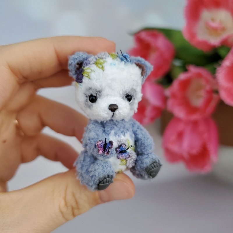 Mini softy gray teddy bear panda. Dollhouse miniature. Doll pet. Animal - Stuffed Dolls & Figurines - Cotton & Hemp Gray