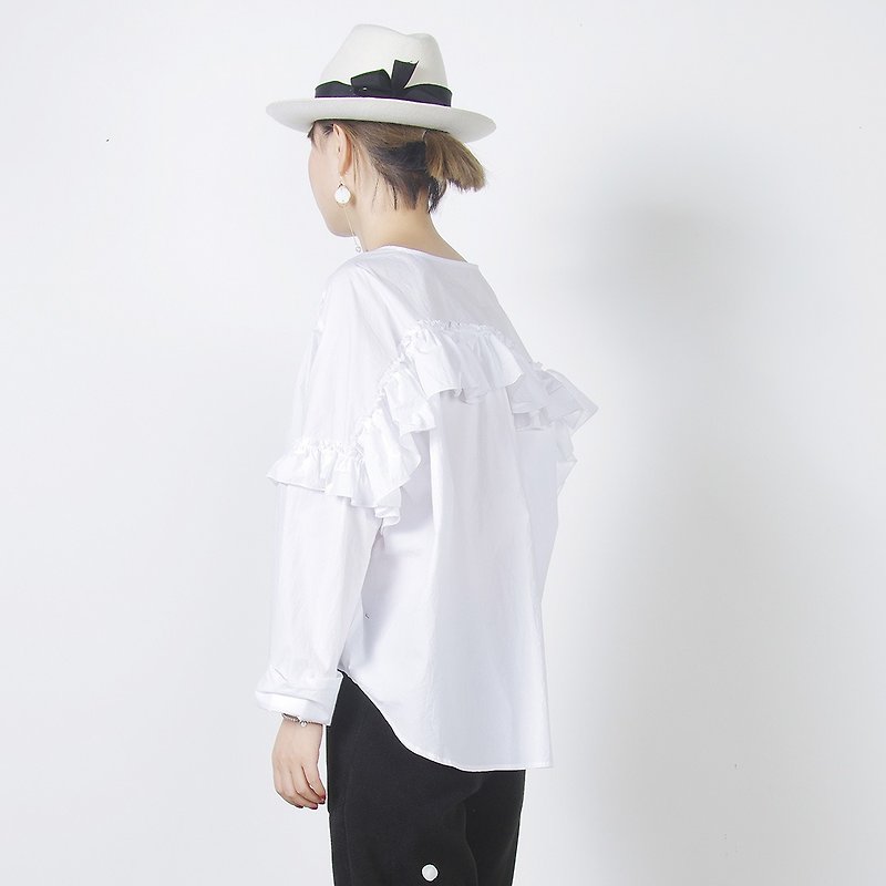 蓬花純棉日系白色短襯衫 - imakokoni - 恤衫 - 棉．麻 白色
