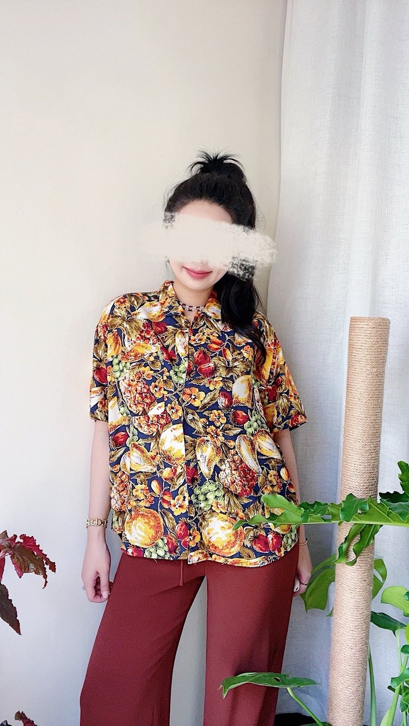 夏季清甜滿版水果圖騰 棉質薄料襯衫上衣罩衫shirt vintage 古著 - 女襯衫 - 棉．麻 多色