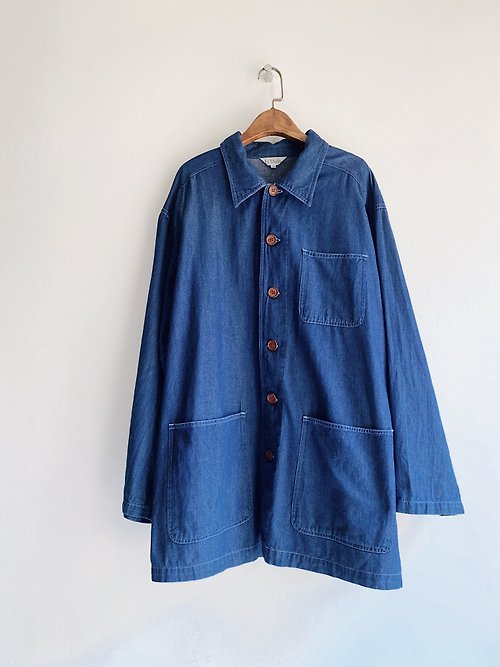 河水山 海深藍大口袋工作版型 古著翻領棉質牛仔襯衫外套vintage Shirt