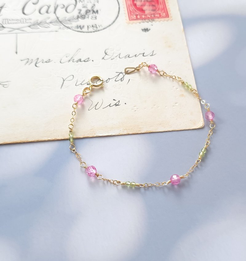 14k gold filled pink topaz and peridot chain bracelet - สร้อยข้อมือ - เครื่องประดับพลอย สึชมพู