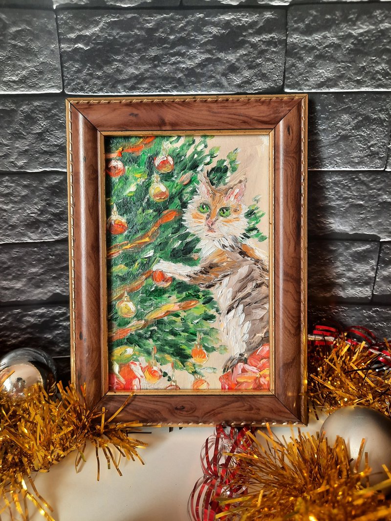 Oil painting cat and Christmas. Christmas Gift Wrapping. Customized Gift. 聖誕禮物 - 海報/掛畫/掛布 - 木頭 綠色