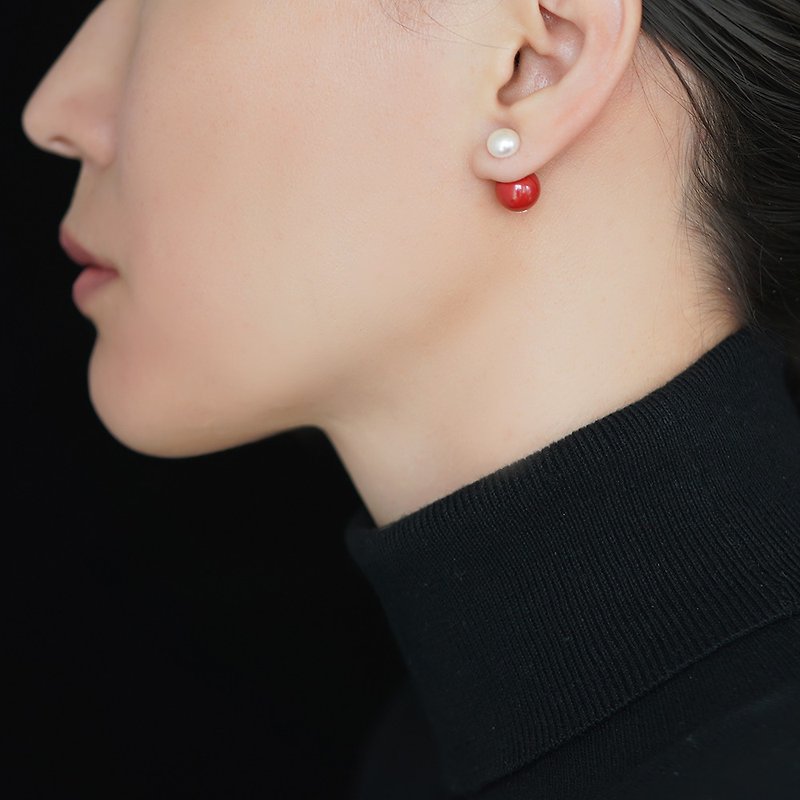 硃砂珍珠耳飾耳環2024年新款潮小眾設計感高級網紅爆款前後戴耳釘 - 耳環/耳夾 - 珍珠 