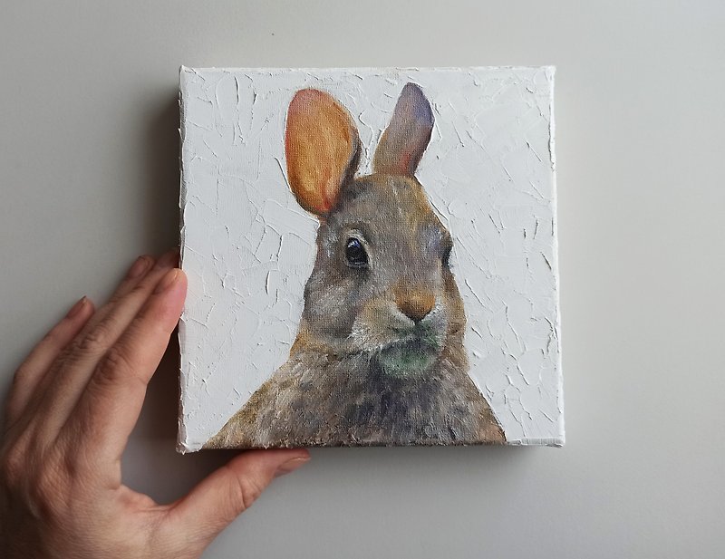Rabbit painting original art on canvas - gift for animal lovers - ตกแต่งผนัง - ผ้าฝ้าย/ผ้าลินิน สีเทา