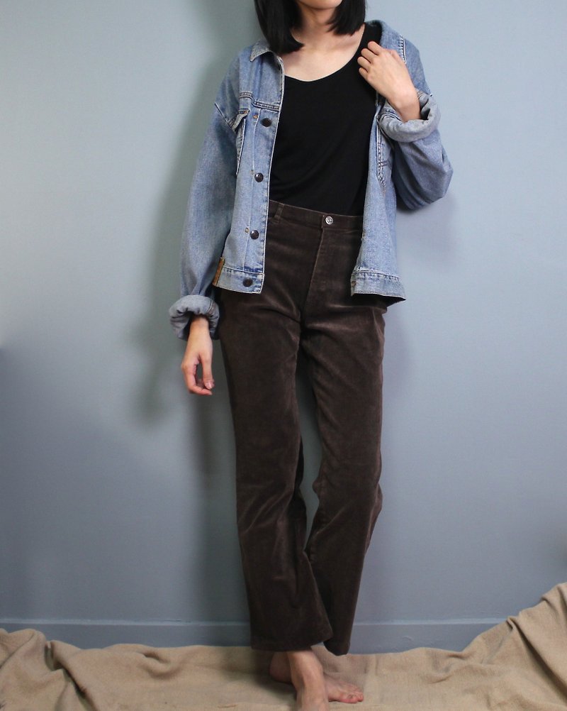 FOAK vintage retro dark brown corduroy high waist trousers - Women's Pants - Cotton & Hemp 