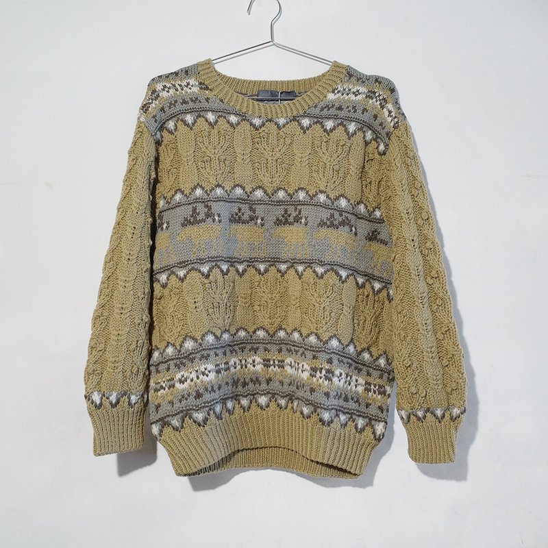 Retro sweater vintage sweater vintage sweater 100% pure wool classic knitted R00358 - สเวตเตอร์ผู้ชาย - ขนแกะ สีเหลือง