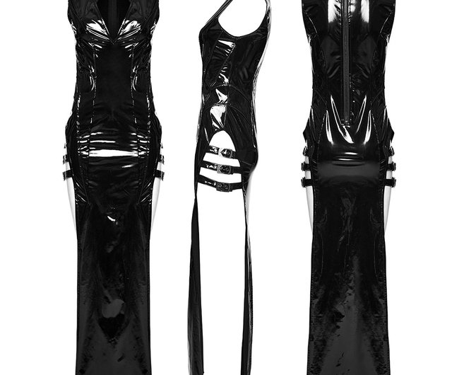 Punk Robot Slit Shiny Leather Dress - Black/Red - Shop PUNK