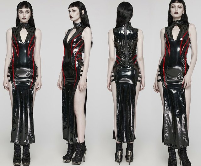 Punk Robot Slit Shiny Leather Dress - Black/Red - Shop PUNK