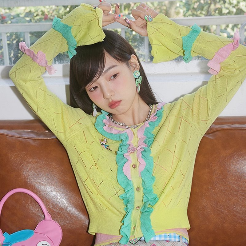 アウトレット品　イエローとグリーンのフリル袖ニットセーター - 女毛衣/針織衫 - 其他材質 黃色