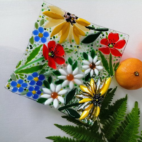VitrasoleGlass Square decorative fused glass plate with flowers - Summer theme dessert plate