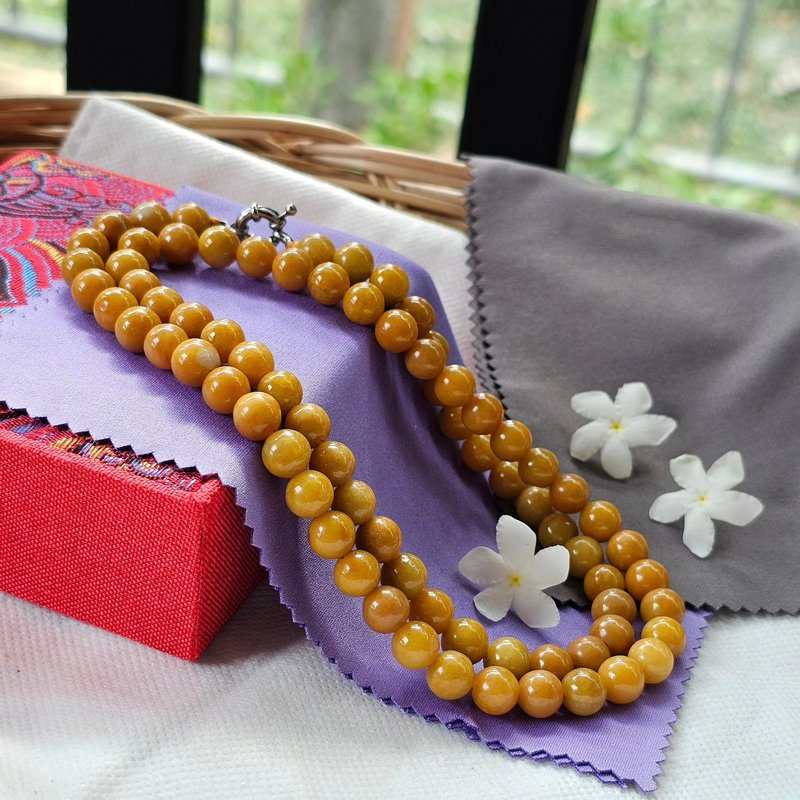 Honey yellow Burmese jade necklace, Burmese jade beads (Honey Jade), round shape, translucent, 8.4 mm. - 項鍊 - 貴金屬 黃色
