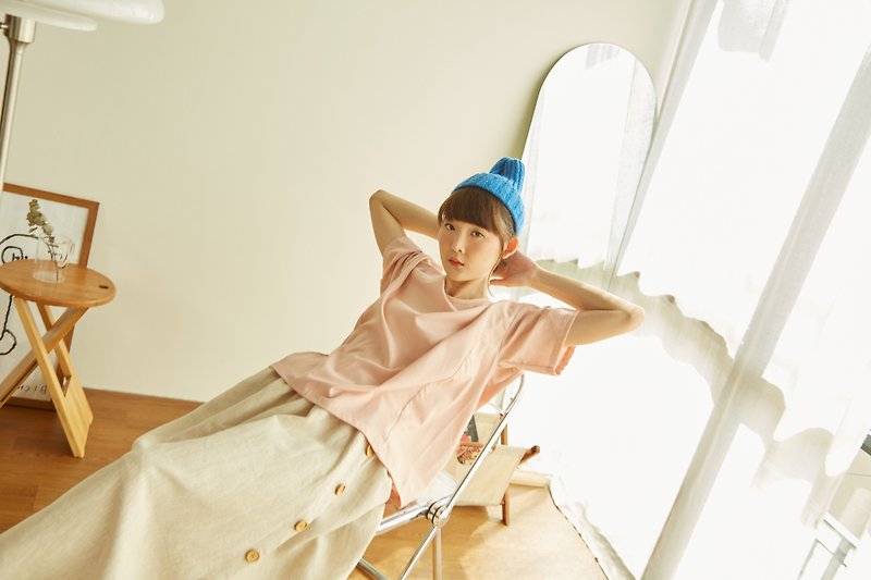 Oversize Blouse Short Sleeve - Pastel Pink Color - 女上衣/長袖上衣 - 棉．麻 粉紅色