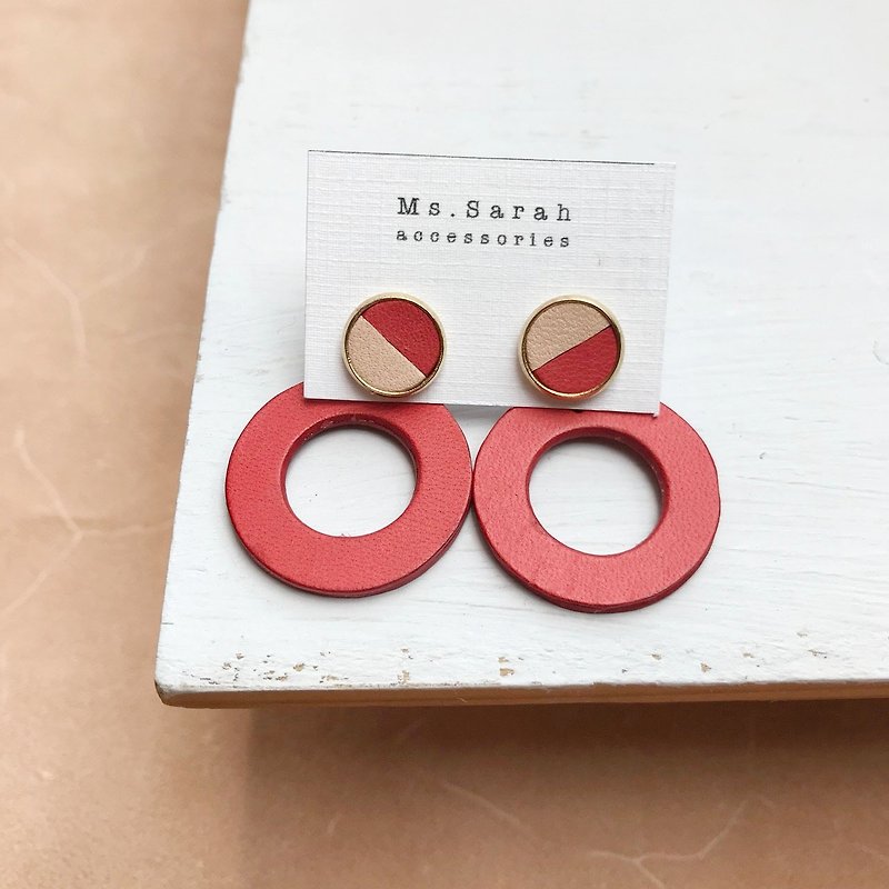 Leather earrings_round frame 6th work #10_mixed color with coral red (can be changed) - Earrings & Clip-ons - Genuine Leather Red