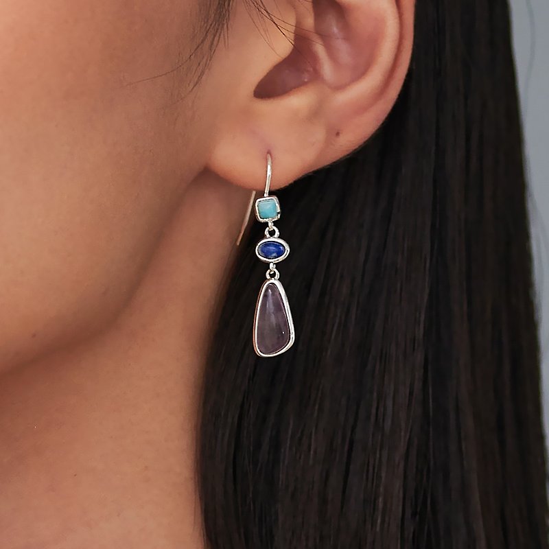 Ancient and elegant Gemstone earrings (Stone/Lapis Lazuli/Amethyst) - Earrings & Clip-ons - Semi-Precious Stones Purple