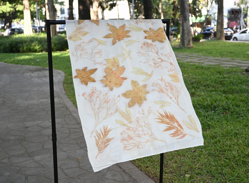 EcoPrint floral and leaf pad printed wool scarf/hanging picture - ผ้าพันคอถัก - ขนแกะ หลากหลายสี