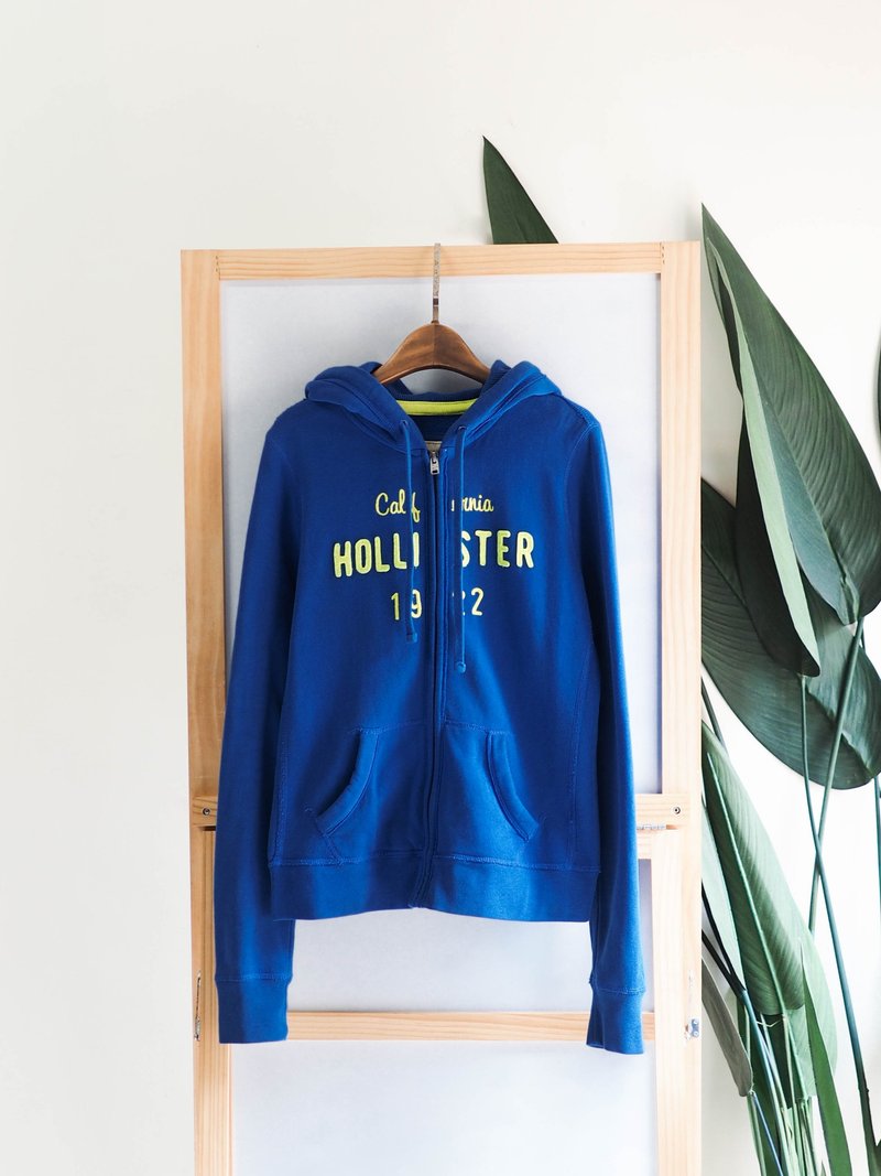 hollister 寶藍x螢光綠夢遊園 古董棉質連帽休閒拉鍊外套 vintage - 帽T/大學T - 棉．麻 藍色