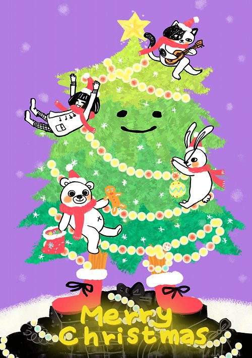貝殼裡工作室 黑白好朋友插畫-聖誕樹可愛小動畫-GIF檔+影片檔
