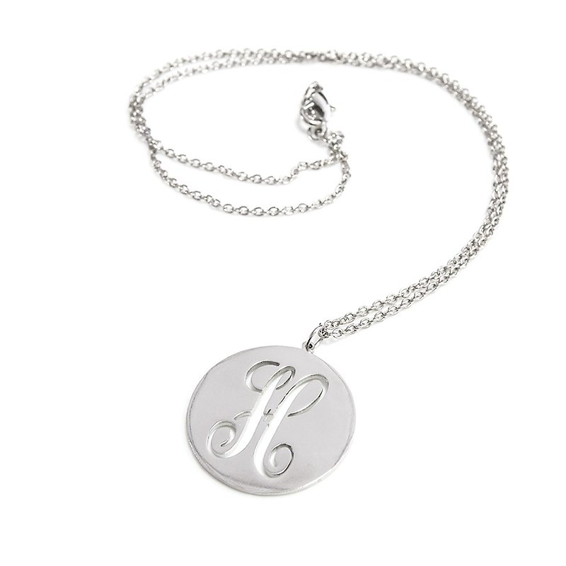 Custom name necklace 1 monogram font round shape pendant - สร้อยคอ - โลหะ สีเงิน