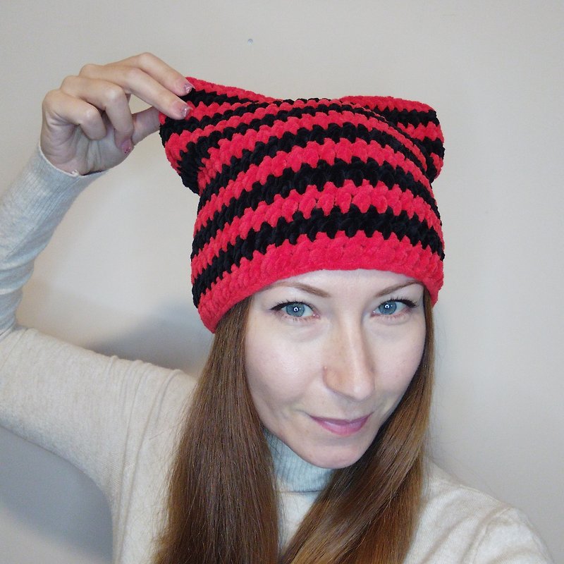 Striped beanie with ears. Fluffy beanie with cat ears. Cat ears beanie crochet. - Hats & Caps - Other Materials Multicolor