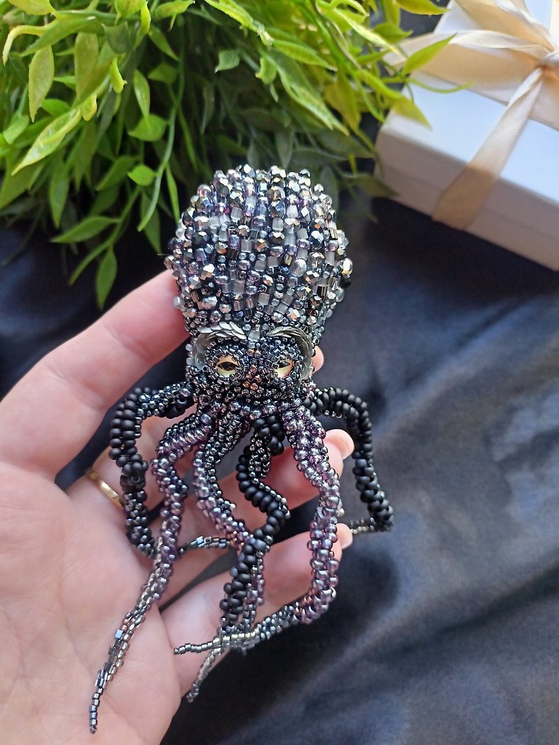 Octopus pin brooch, a unique marine decoration, a personal gift to a friend - Brooches - Other Materials Gray