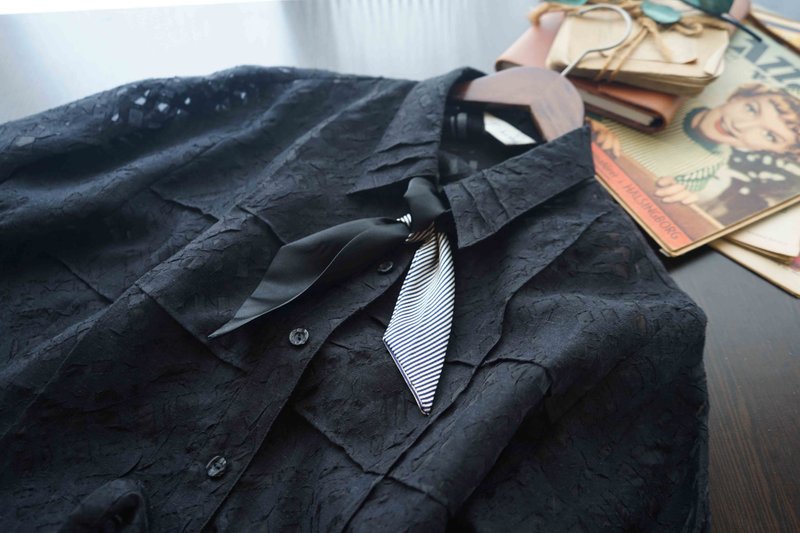 古董領帶改造手打領巾-黑白配-領巾髮箍組 - 領結/領巾 - 聚酯纖維 黑色