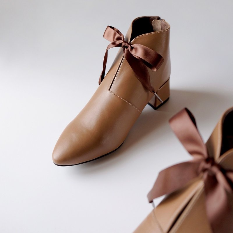 Full leather air-cushion 3ways three-wear boots (single wear/ Linen/ribbon) honey Brown - รองเท้าบูทสั้นผู้หญิง - หนังแท้ สีนำ้ตาล