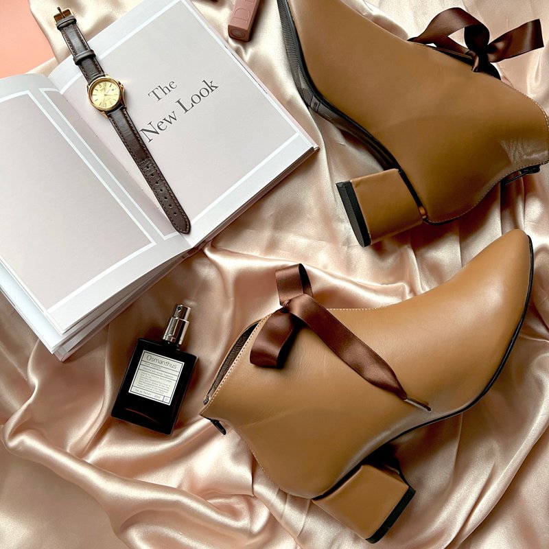 All Genuine Leather Cushioned 3-Way Boots (Plain / Rope / Ribbon) - Honey Brown - Women's Booties - Genuine Leather Brown