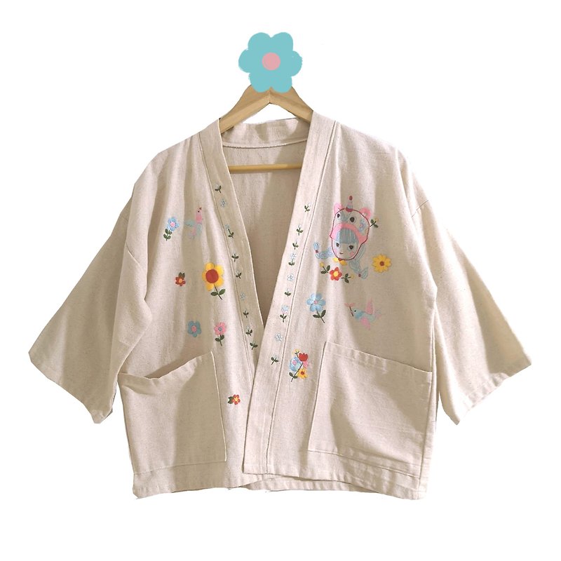 Cream-colored cotton coat, designed with hand-embroidered designs for girls, birds , flower lover - Women's Tops - Thread 