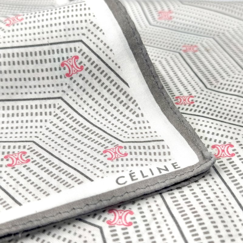 Vintage Celine Scarf - Geometric Dotted Lines Handkerchief 19 x19 inches - 手帕 - 棉．麻 白色