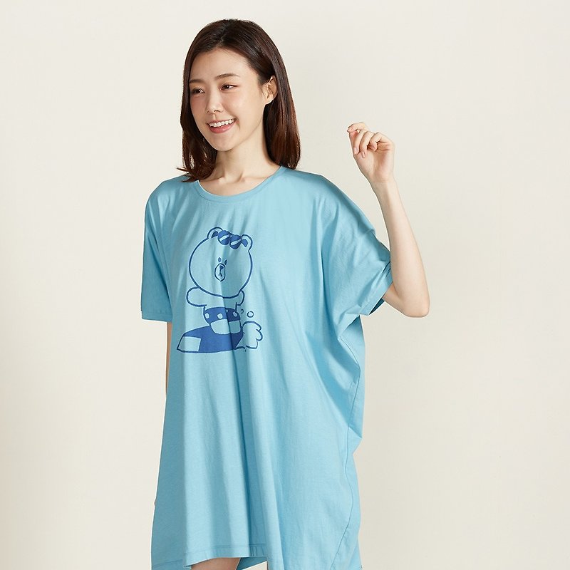 LINE FRIENDS Surf Bear large screen printed short-sleeved top-clear sky blue - Women's T-Shirts - Cotton & Hemp Blue