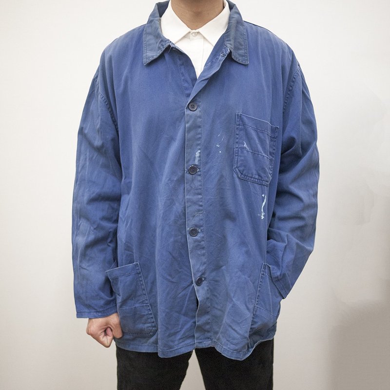 企業工作外套 工作服 作業服 藍染 古著 二手 工裝 四口袋 潑漆 - 男夾克/外套 - 棉．麻 藍色