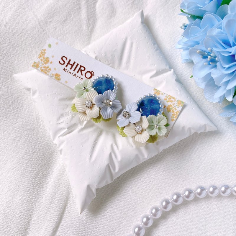 寶藍花珥-黏土耳環、手工耳環 - 耳環/耳夾/耳骨夾 - 黏土 藍色