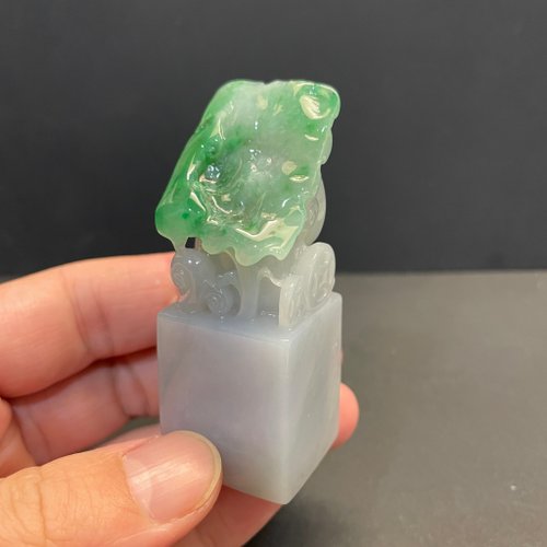 元元圓滾滾 水晶手鍊 瀚玉珠寶 天然翡翠 冰種綠荷葉如意印章 天然方印 玉印章 方章