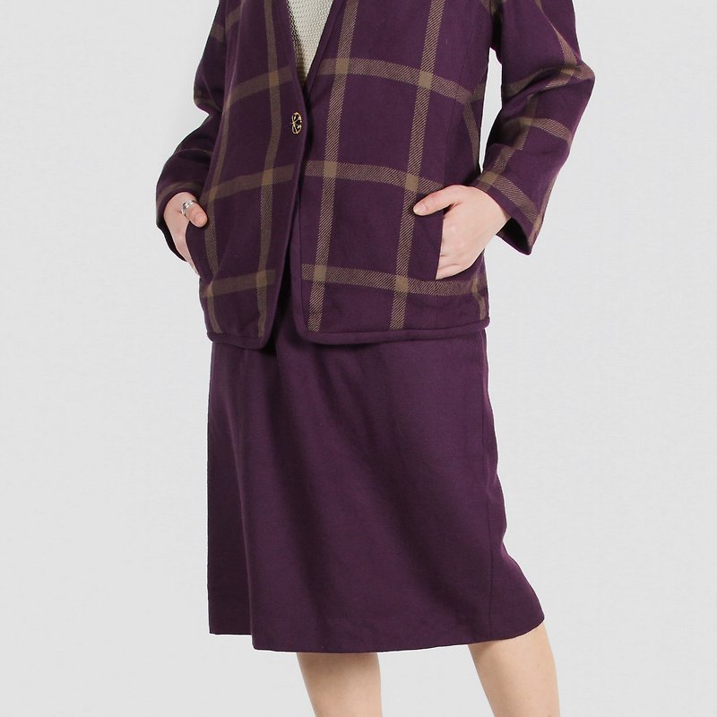 【蛋植物古著】葡萄氤氳格紋毛料裙式古著套裝 - 外套/大衣 - 羊毛 紫色