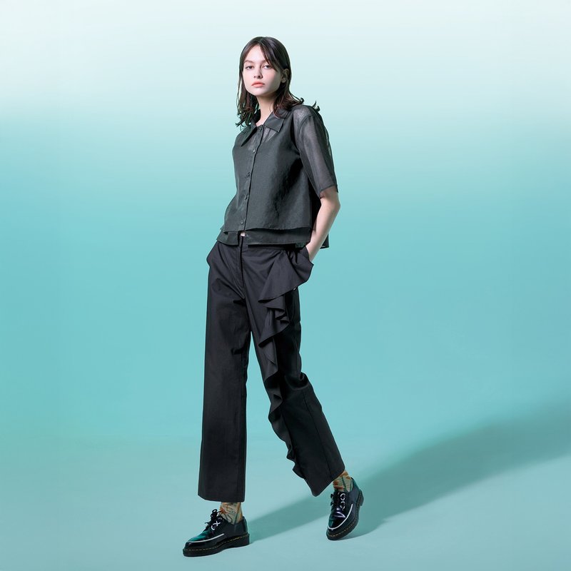 單側不規則波浪西裝褲 - 女長褲 - 棉．麻 黑色