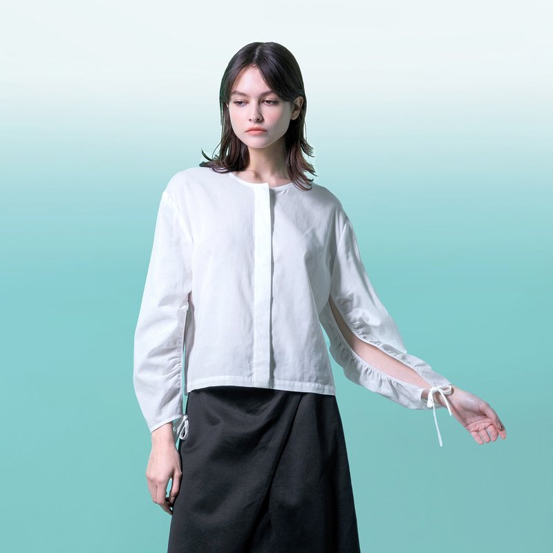 抽褶袖片綁帶暗門襟上衣 - 女裝上衣 - 棉．麻 白色
