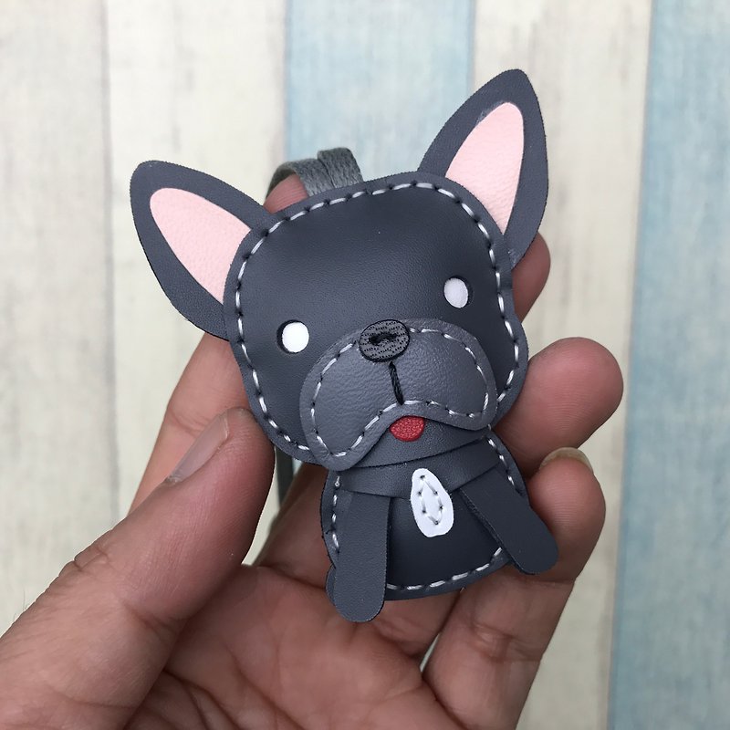 Dark gray cute law dog pure hand-stitched leather charm small size - ที่ห้อยกุญแจ - หนังแท้ สีเทา