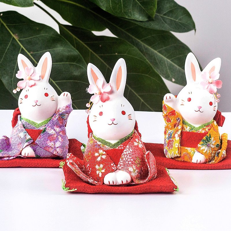 Japanese Pharmacist Kiln Cherry Blossom Kimono Rabbit Ornament Japanese Style and Wind Girls Gift Birthday Wedding Car Load - ของวางตกแต่ง - ดินเผา 