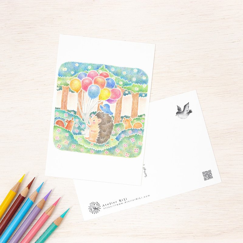5枚セット。絵本のような。ポストカード 風船とはりねずみのポチカ PC-1204 - 卡片/明信片 - 紙 多色