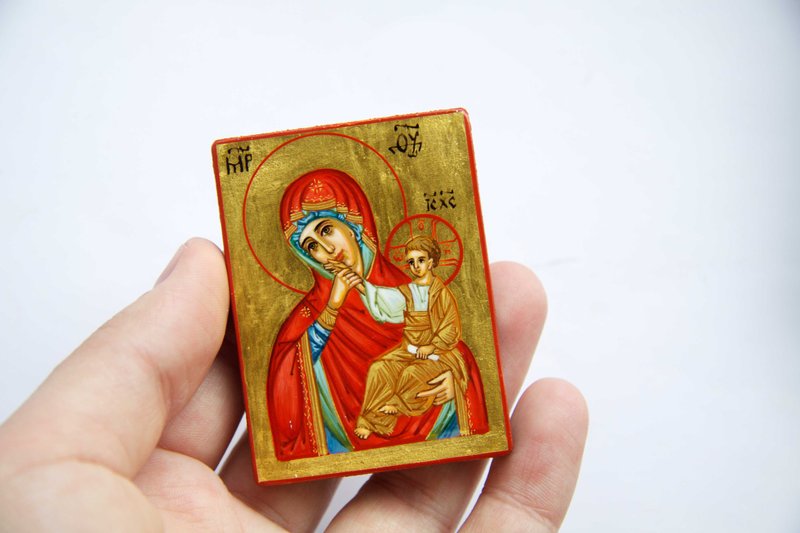 hand painted orthodox christian Virgin Mary  Theotokos icon Joy and Consolation - 其他 - 木頭 紅色