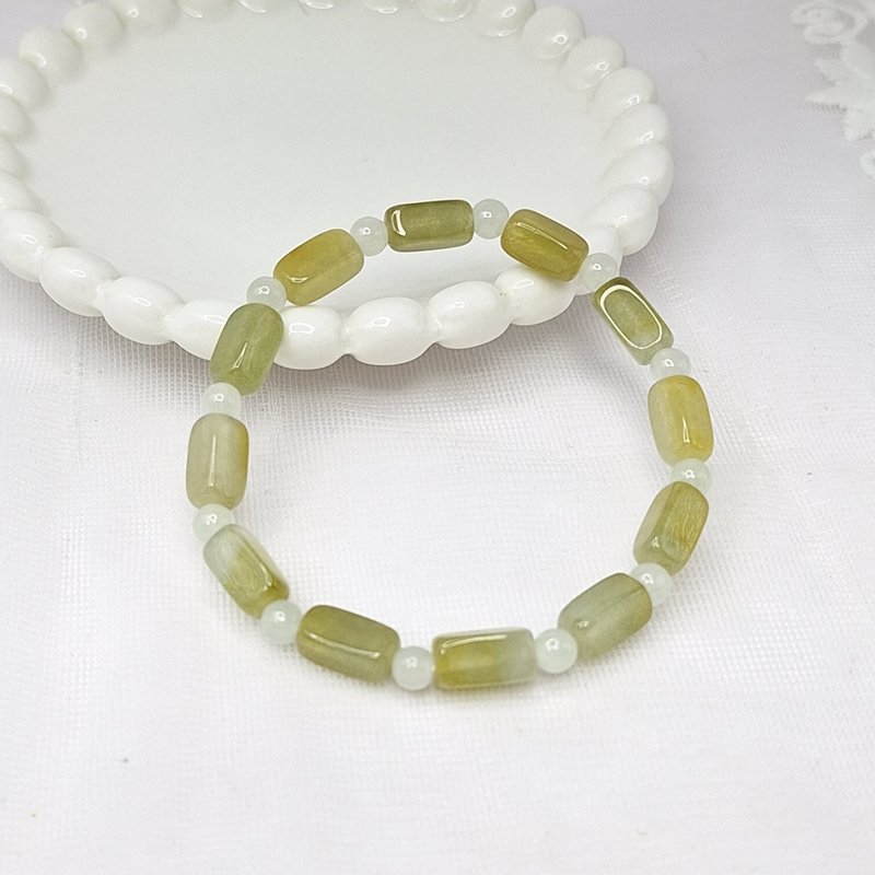 Icy yellow jade rice cake strips small rectangular hand beads | Natural Burmese jade A grade jade - สร้อยข้อมือ - หยก 